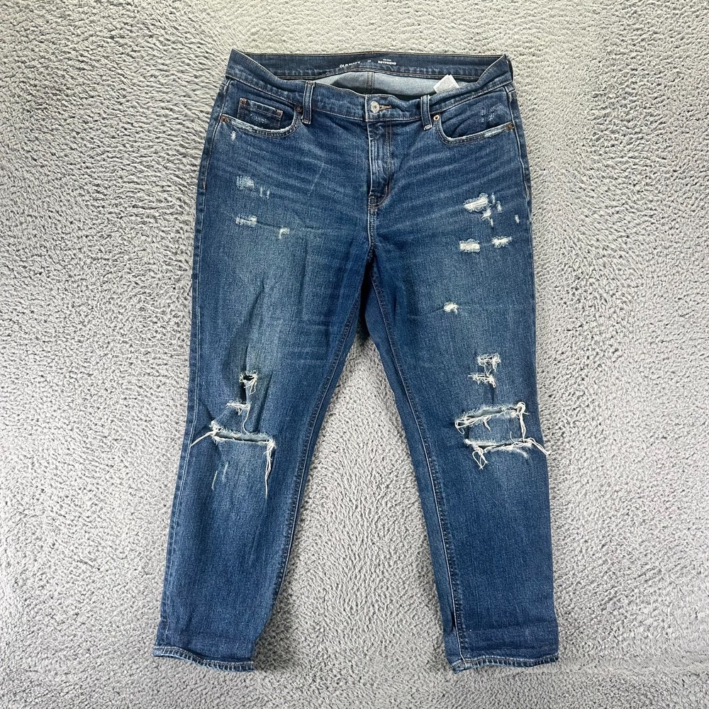 Old Navy Jeans Womens 10 Blue Cotton Denim Boyfriend Distressed Faded Stretch